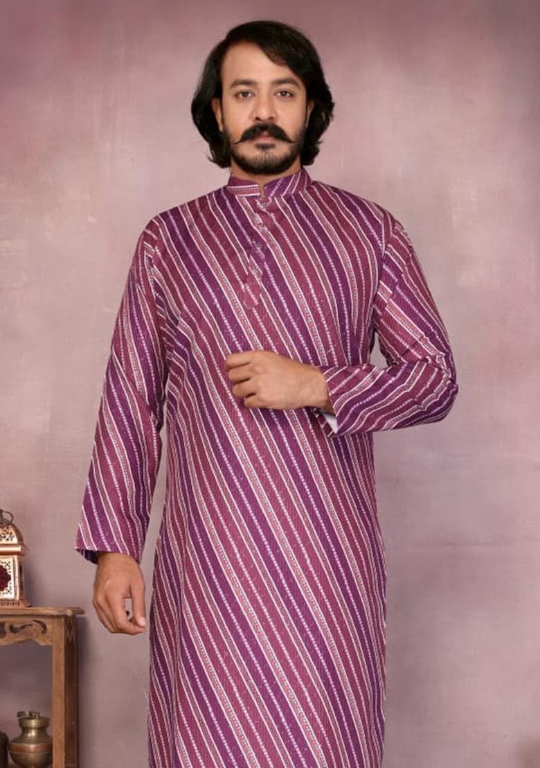 Purple Embroidery Cotton Kurta With Pyjama For Men - Indya