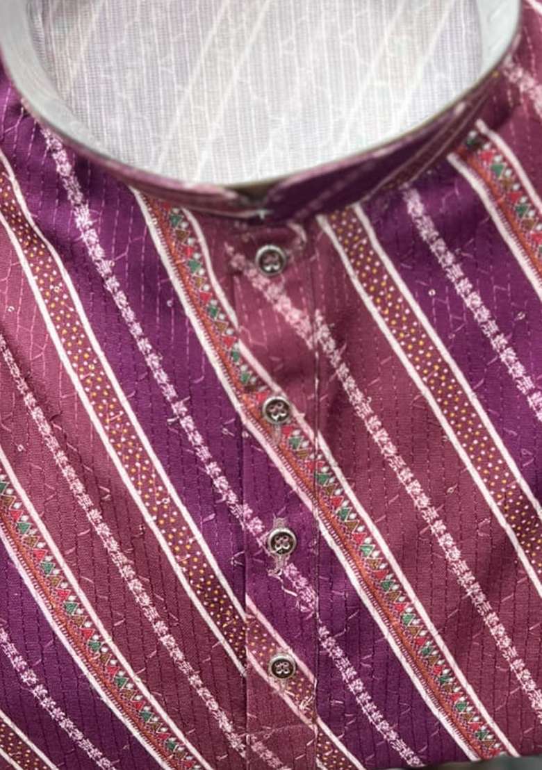 Purple Embroidery Cotton Kurta With Pyjama For Men - Indya