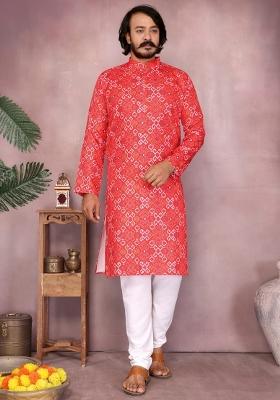 Red Embroidery Cotton Kurta With Pyjama For Men