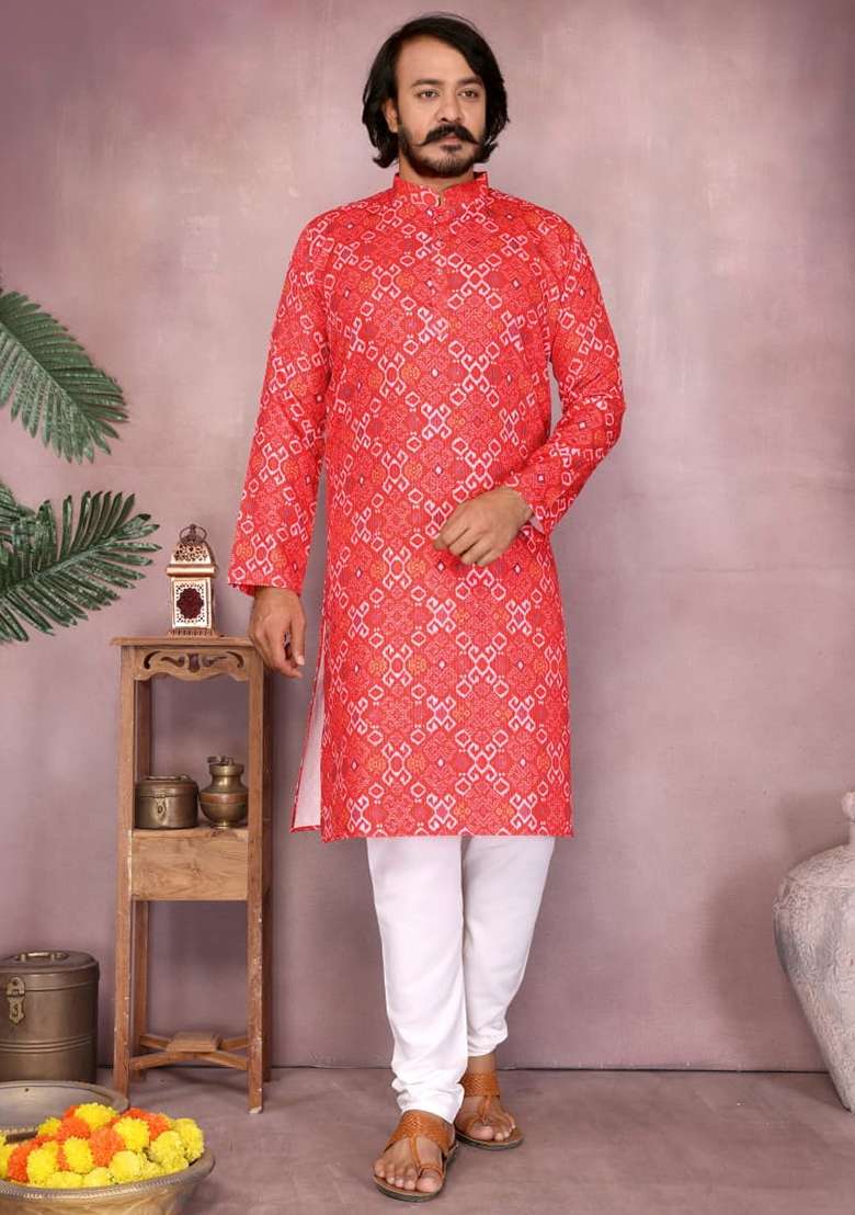 Red Embroidery Cotton Kurta With Pyjama For Men - Indya