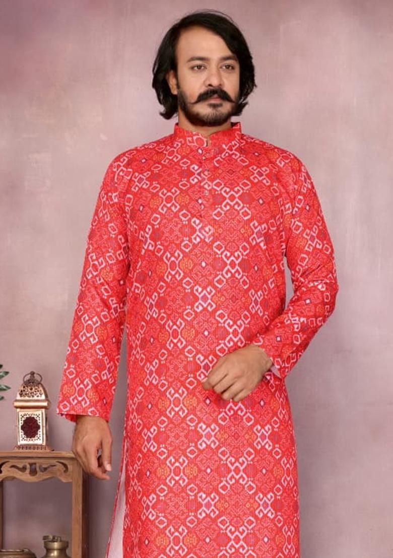 Red Embroidery Cotton Kurta With Pyjama For Men - Indya