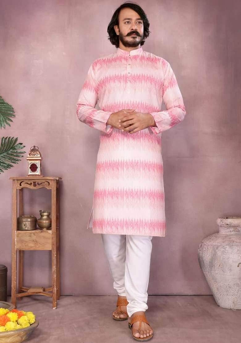 Pink Embroidery Cotton Kurta With Pyjama For Men - Indya