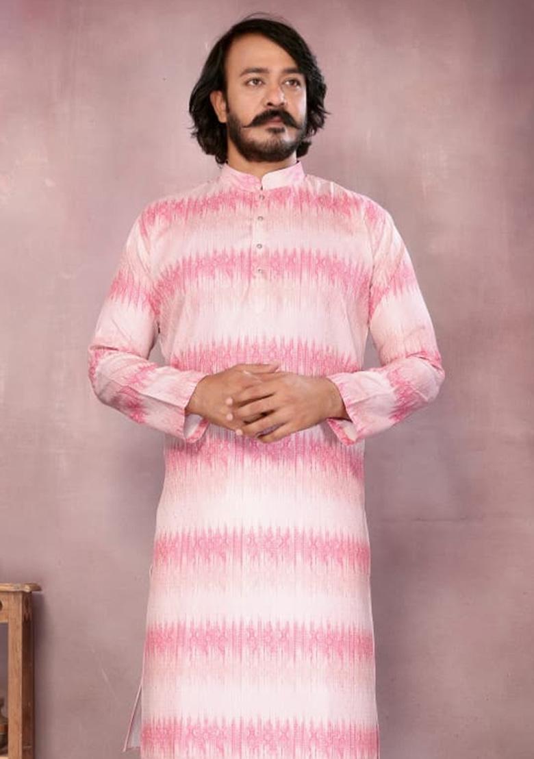 Pink Embroidery Cotton Kurta With Pyjama For Men - Indya