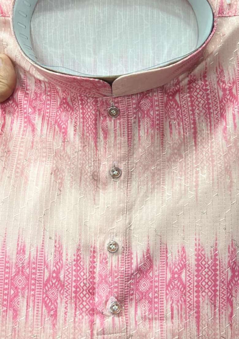 Pink Embroidery Cotton Kurta With Pyjama For Men - Indya
