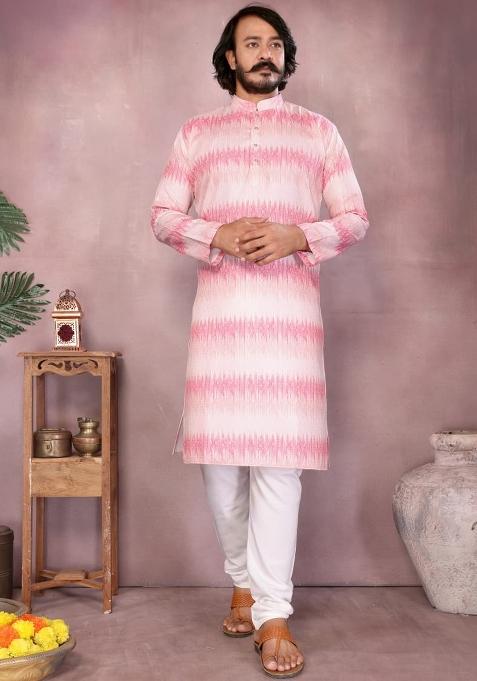 Pink Embroidery Cotton Kurta With Pyjama For Men