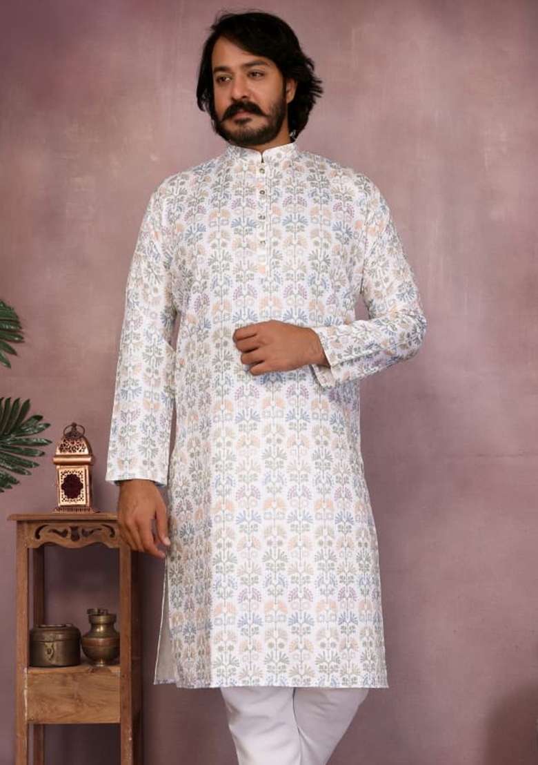 White Embroidery Cotton Kurta With Pyjama For Men - Indya