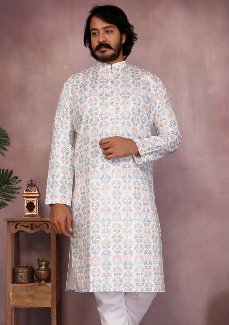 White Embroidery Cotton Kurta With Pyjama For Men - Indya
