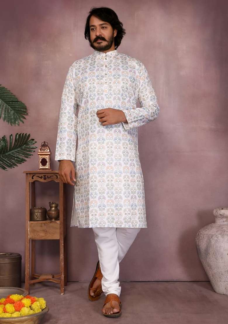 White Embroidery Cotton Kurta With Pyjama For Men - Indya