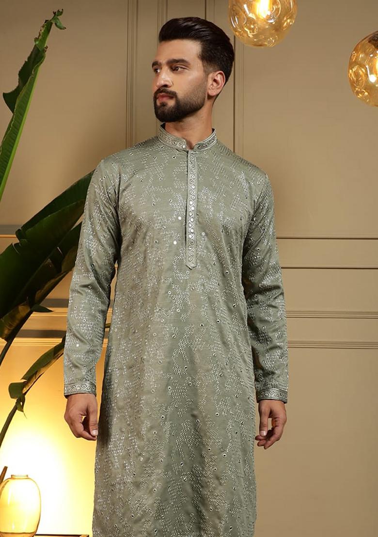Olive Green Embroidery Cotton Kurta With Pyjama For Men - Indya