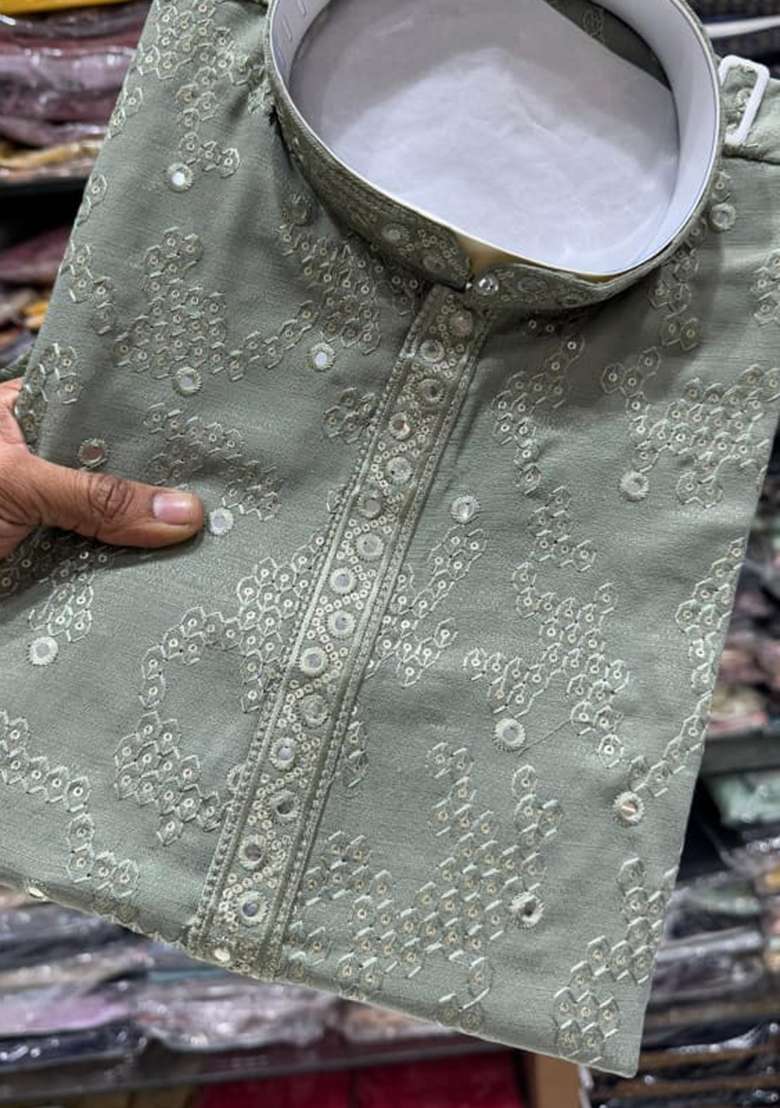 Olive Green Embroidery Cotton Kurta With Pyjama For Men - Indya