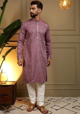 Purple Embroidery Cotton Kurta With Pyjama For Men