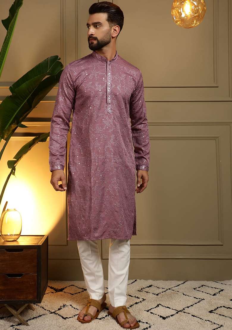 Purple Embroidery Cotton Kurta With Pyjama For Men - Indya