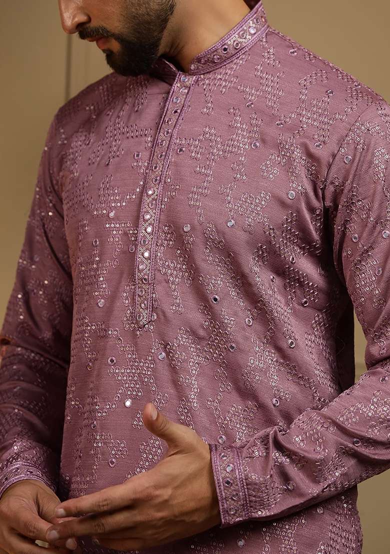 Purple Embroidery Cotton Kurta With Pyjama For Men - Indya