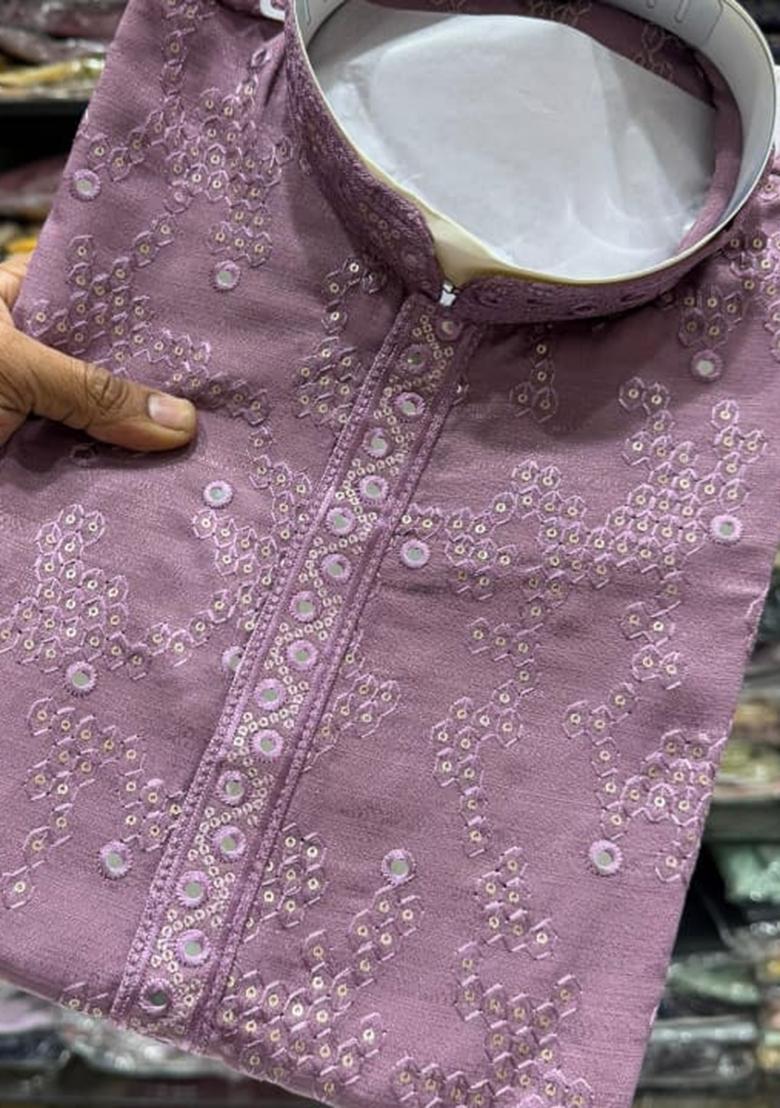Purple Embroidery Cotton Kurta With Pyjama For Men - Indya