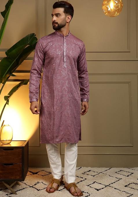 Purple Embroidery Cotton Kurta With Pyjama For Men