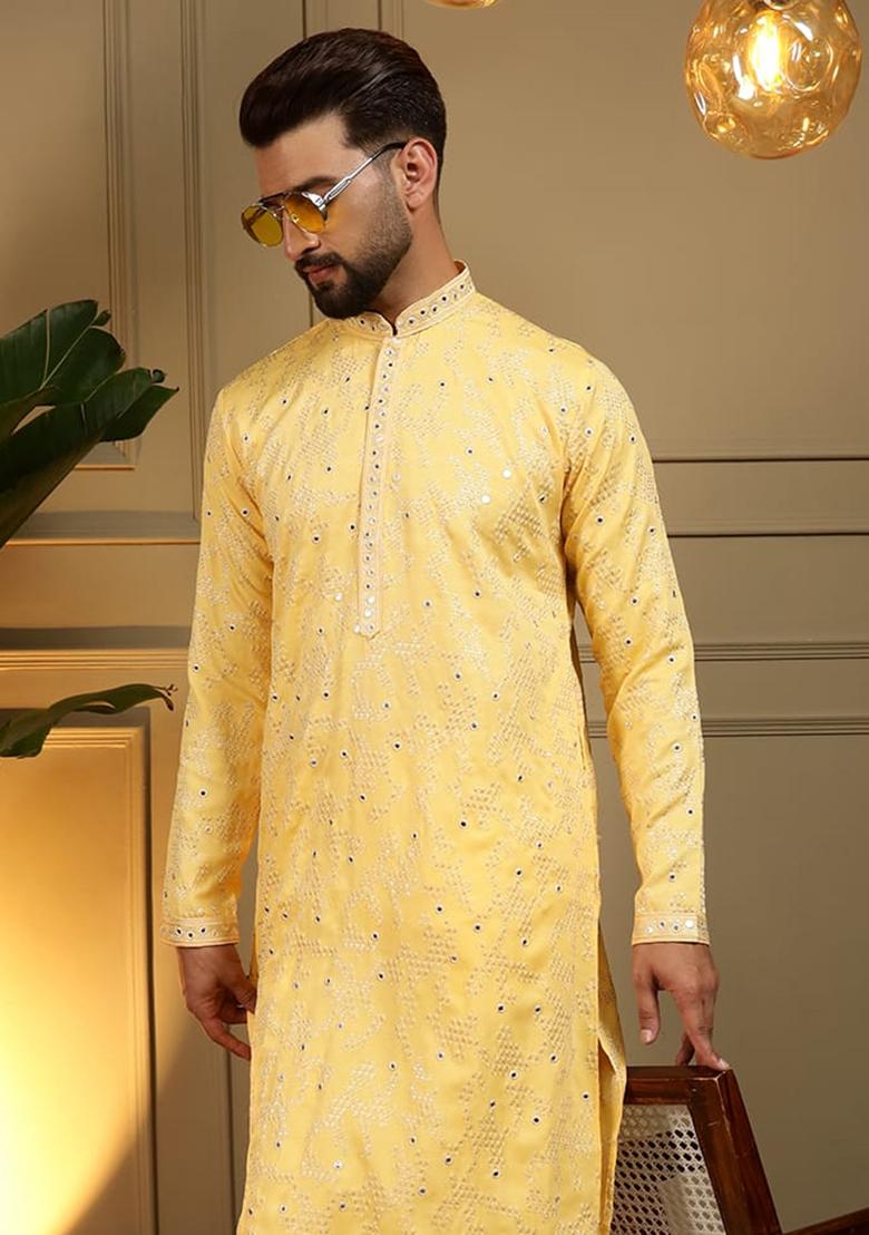 Yellow Embroidery Cotton Kurta With Pyjama For Men - Indya
