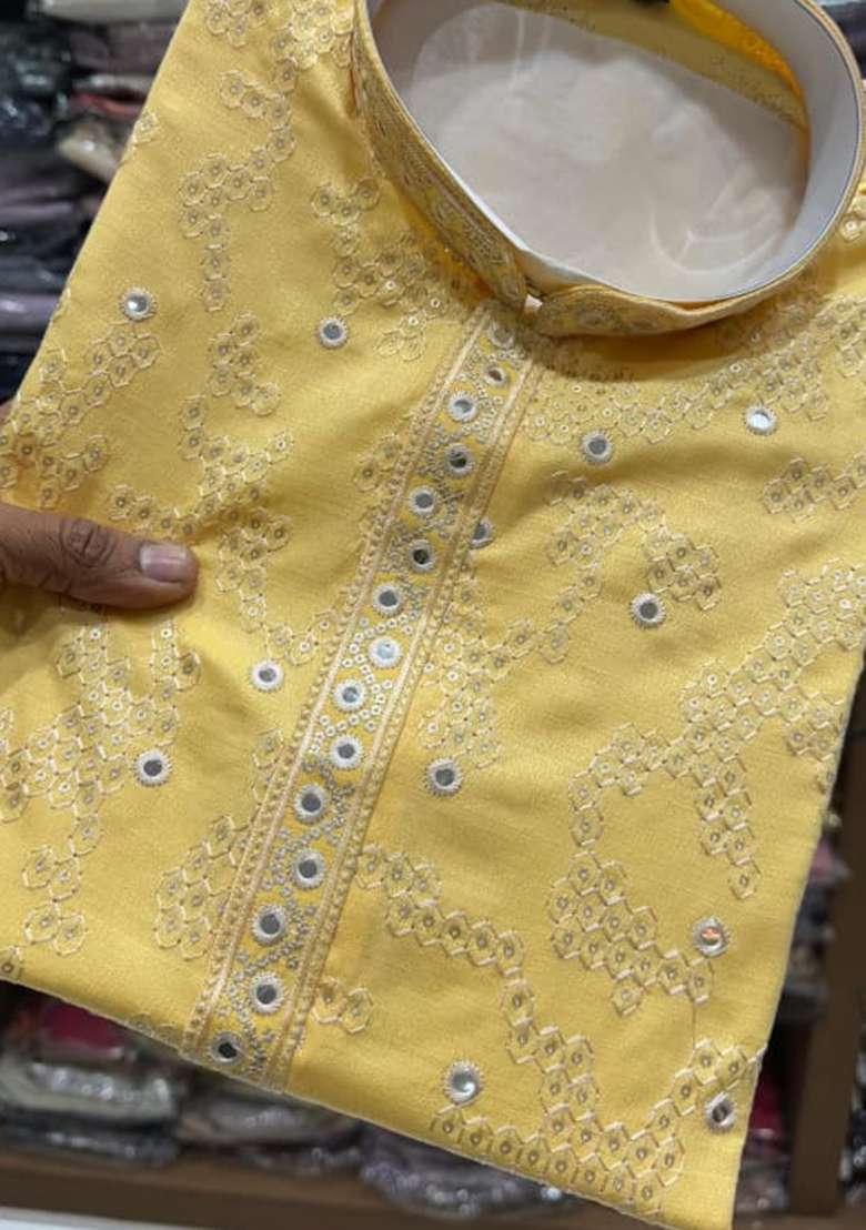 Yellow Embroidery Cotton Kurta With Pyjama For Men - Indya