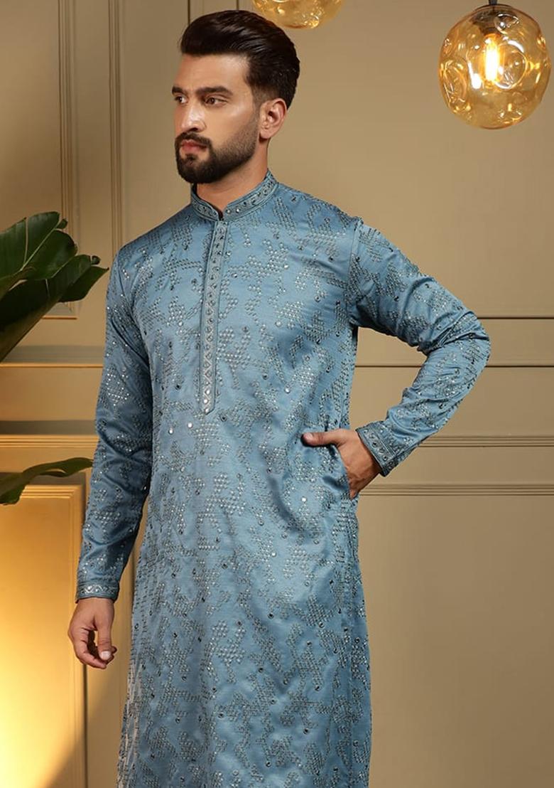 Blue Embroidery Cotton Kurta With Pyjama For Men - Indya