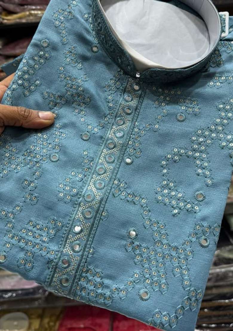 Blue Embroidery Cotton Kurta With Pyjama For Men - Indya