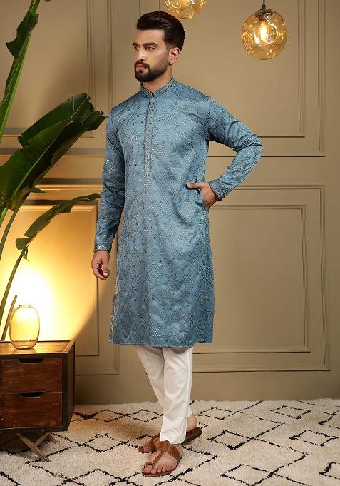Blue Embroidery Cotton Kurta With Pyjama For Men