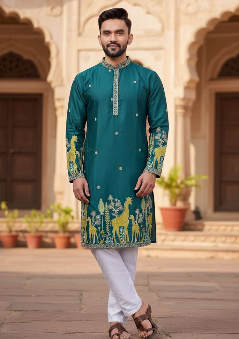 Green Embroidery Silk Men Kurta Set - Indya