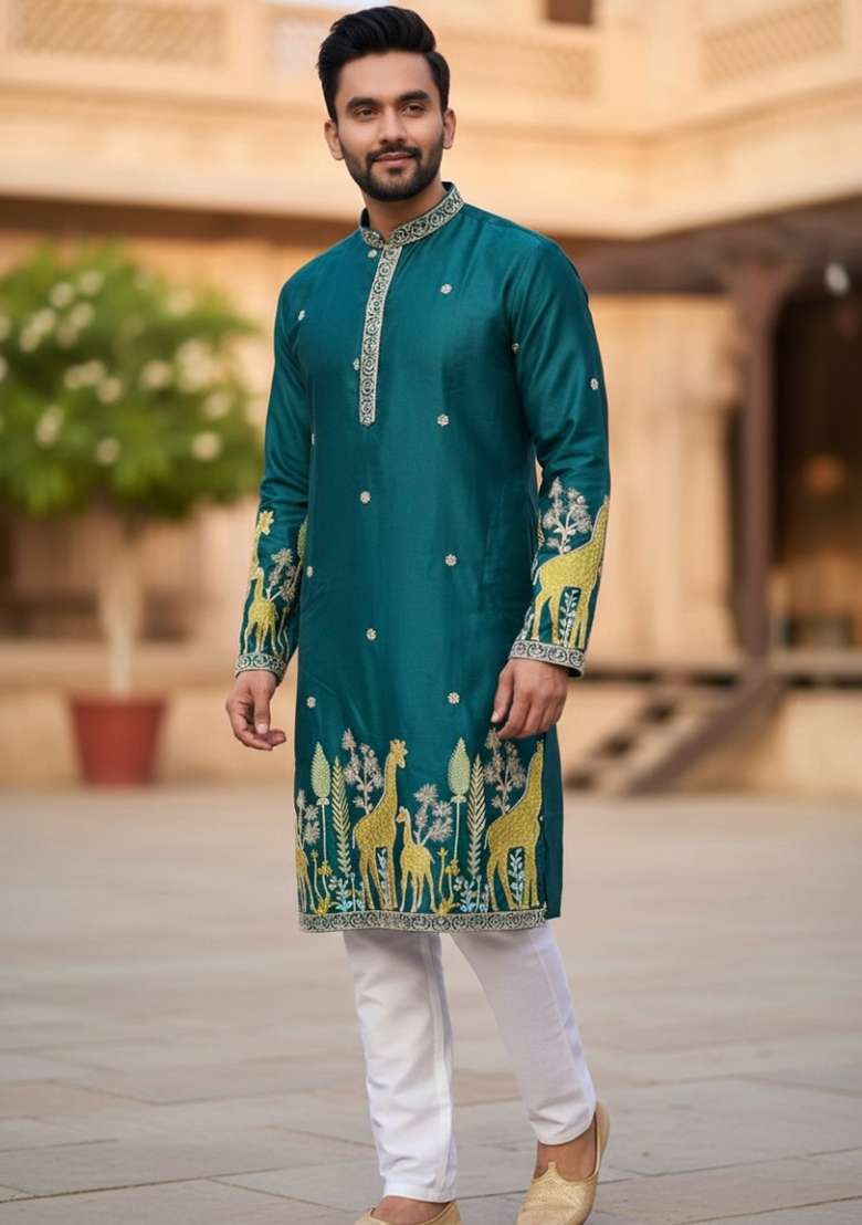 Green Embroidery Silk Men Kurta Set - Indya
