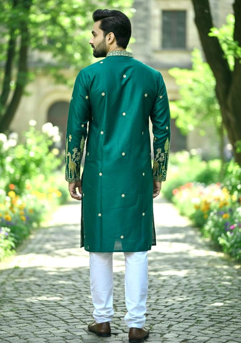 Green Embroidery Silk Men Kurta Set - Indya