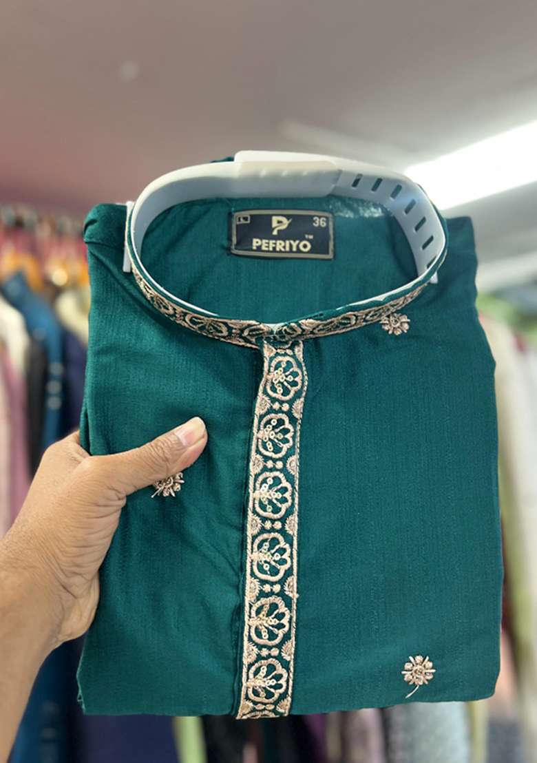 Green Embroidery Silk Men Kurta Set - Indya