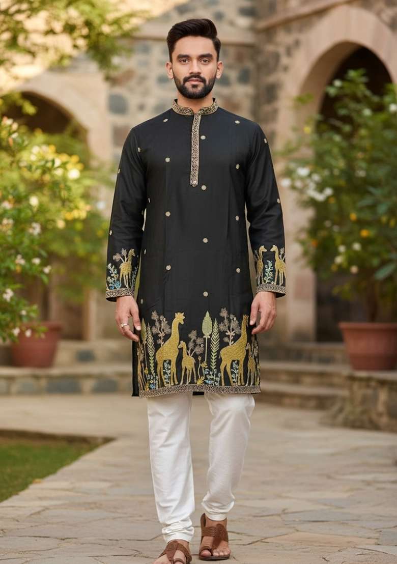 Black Embroidery Silk Men Kurta Set - Indya