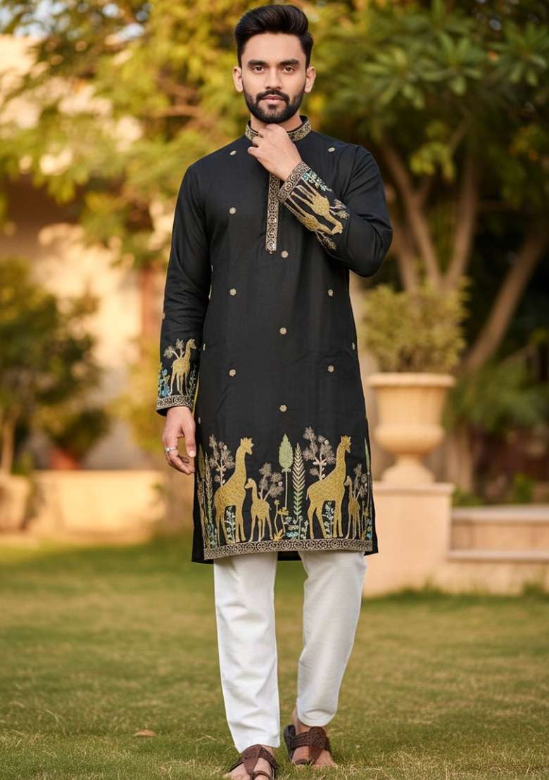 Black Embroidery Silk Men Kurta Set - Indya