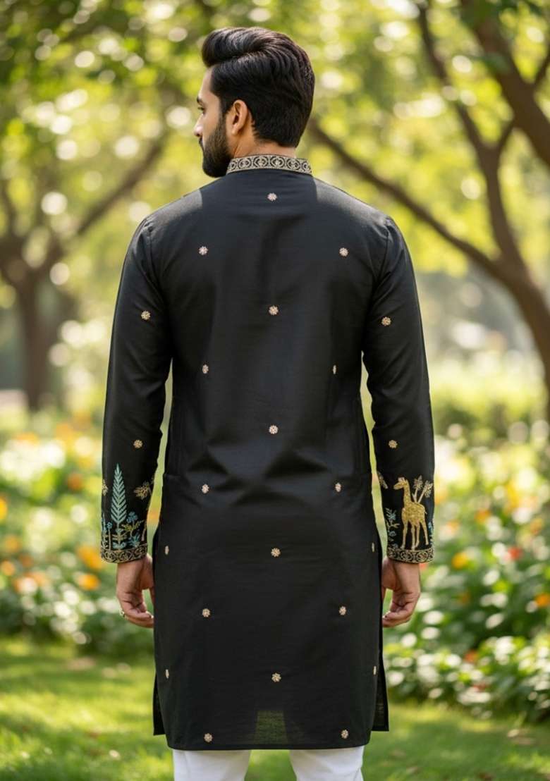 Black Embroidery Silk Men Kurta Set - Indya