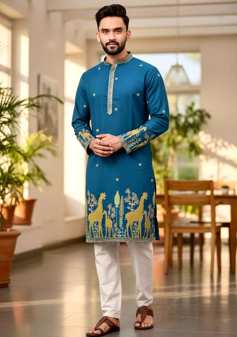 Blue Embroidery Silk Men Kurta Set - Indya