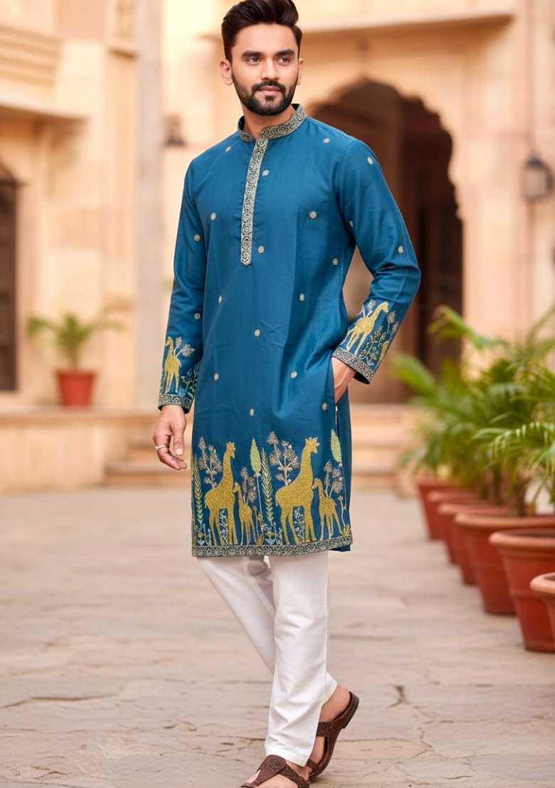 Blue Embroidery Silk Men Kurta Set - Indya