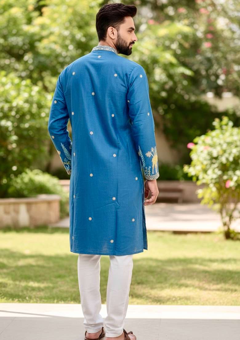Blue Embroidery Silk Men Kurta Set - Indya