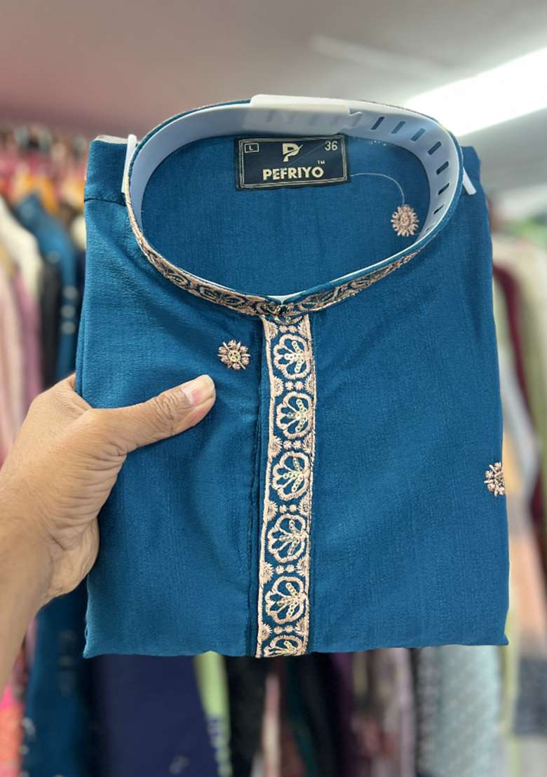 Blue Embroidery Silk Men Kurta Set - Indya