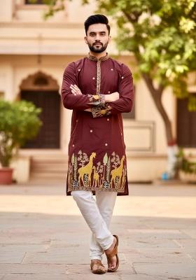 maroon Embroidery Silk Men Kurta Set