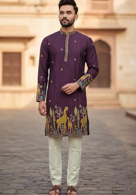Wine Embroidery Silk Men Kurta Set