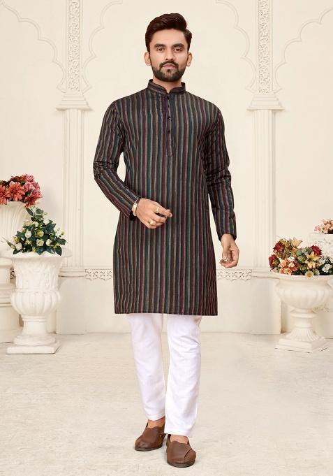 Muticolor Stripped Cotton Men Kurta Set