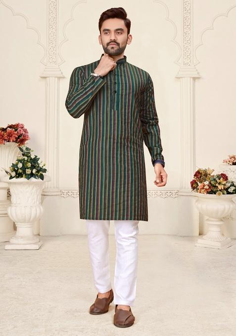 Muticolor Stripped Cotton Men Kurta Set