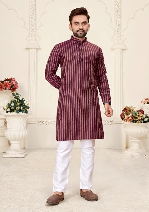 Muticolor Stripped Cotton Men Kurta Set