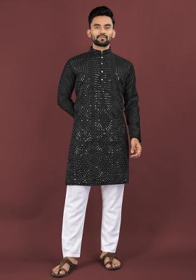 Black Embroidery Silk Men Kurta Set