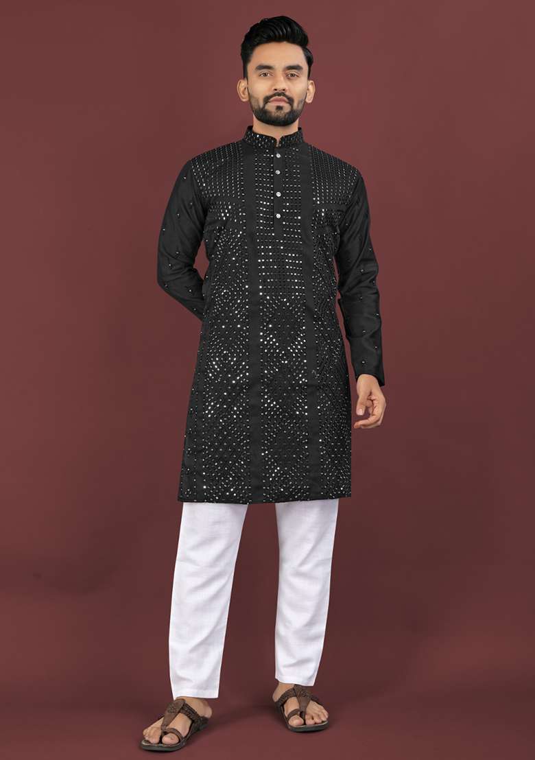 Black Embroidery Silk Men Kurta Set - Indya