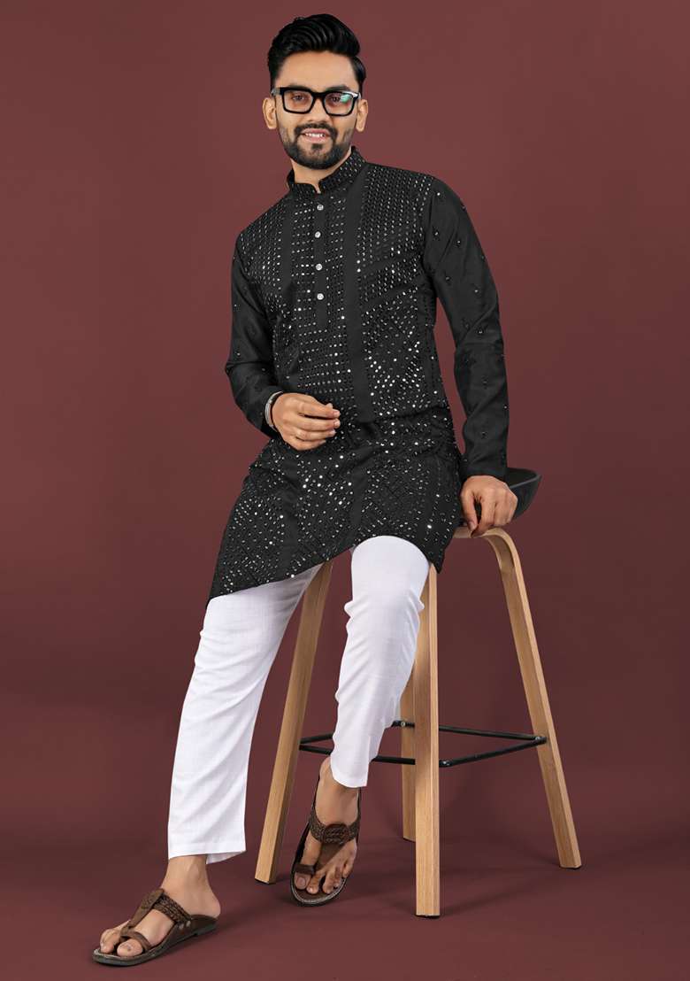 Black Embroidery Silk Men Kurta Set - Indya