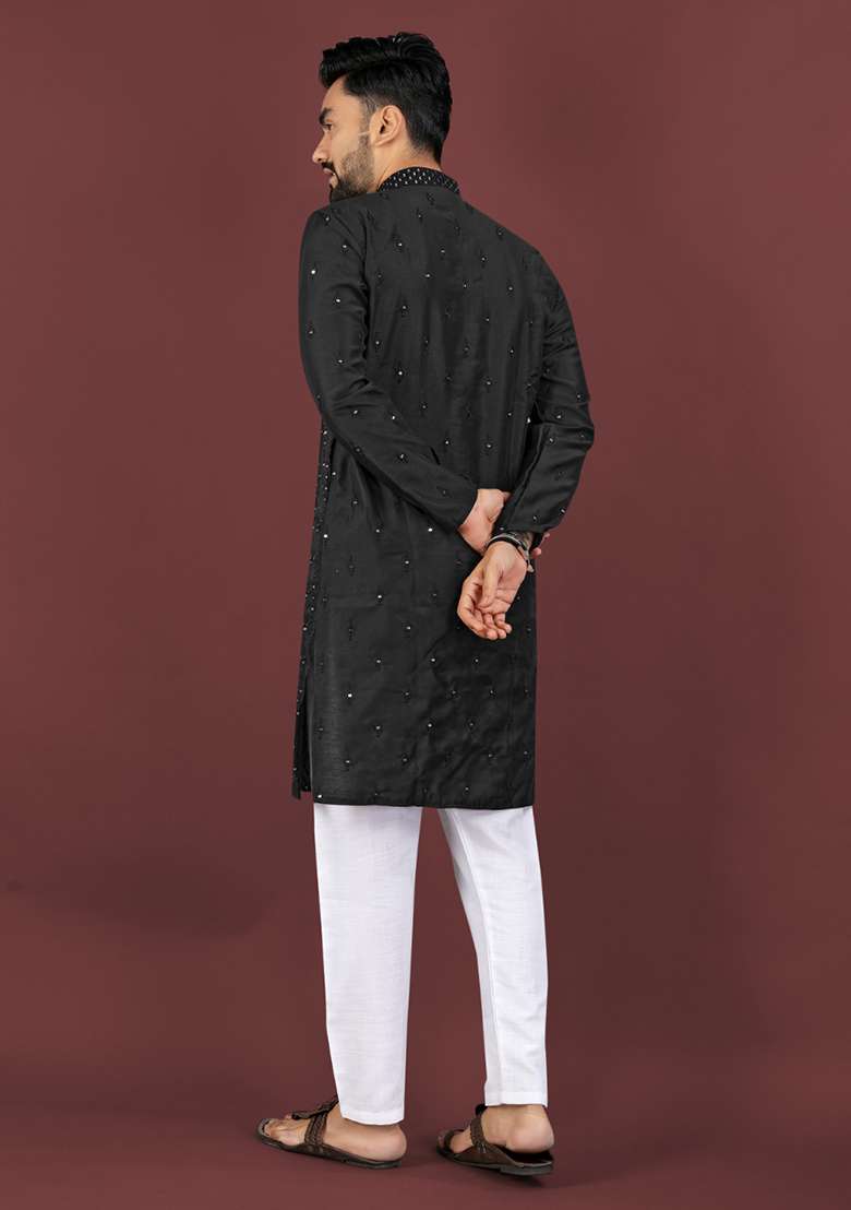 Black Embroidery Silk Men Kurta Set - Indya