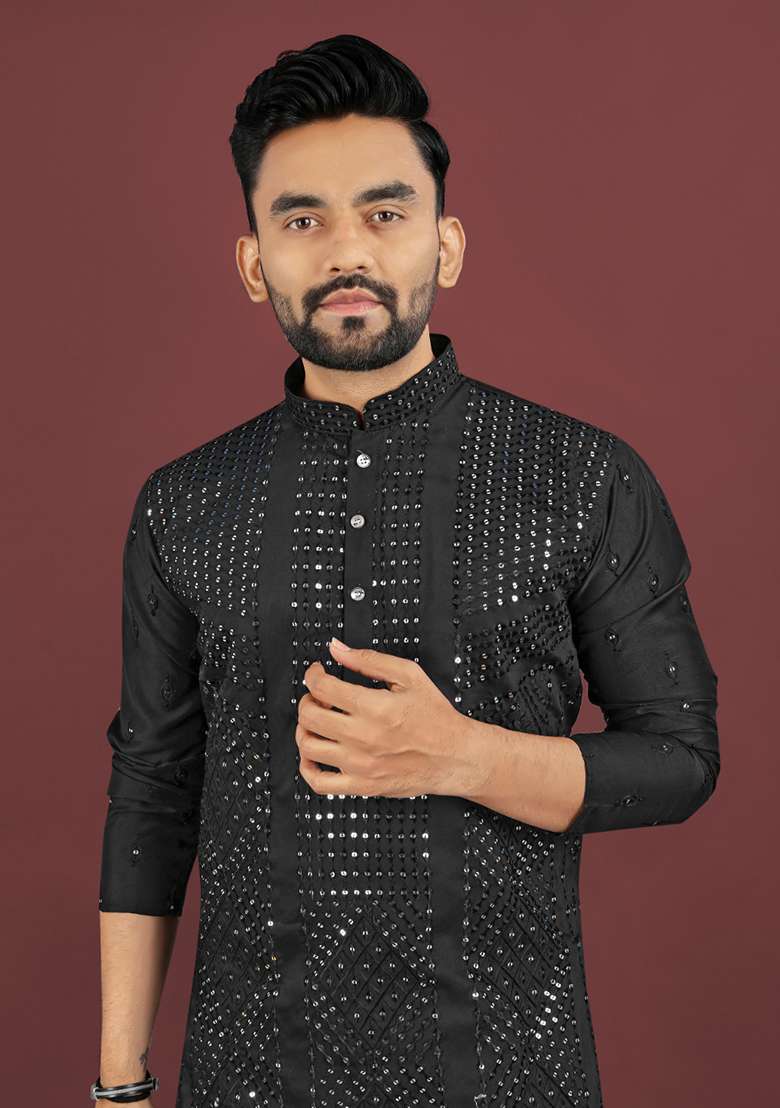 Black Embroidery Silk Men Kurta Set - Indya