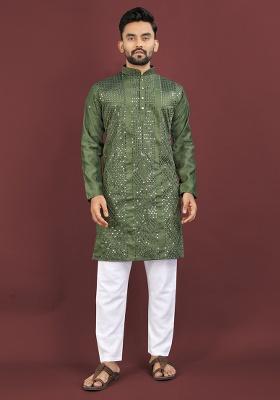 Green Embroidery Silk Men Kurta Set