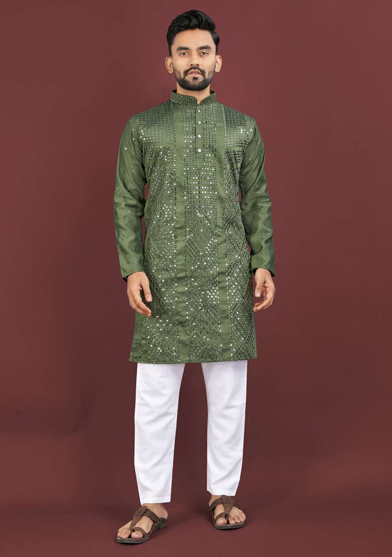 Green Embroidery Silk Men Kurta Set - Indya