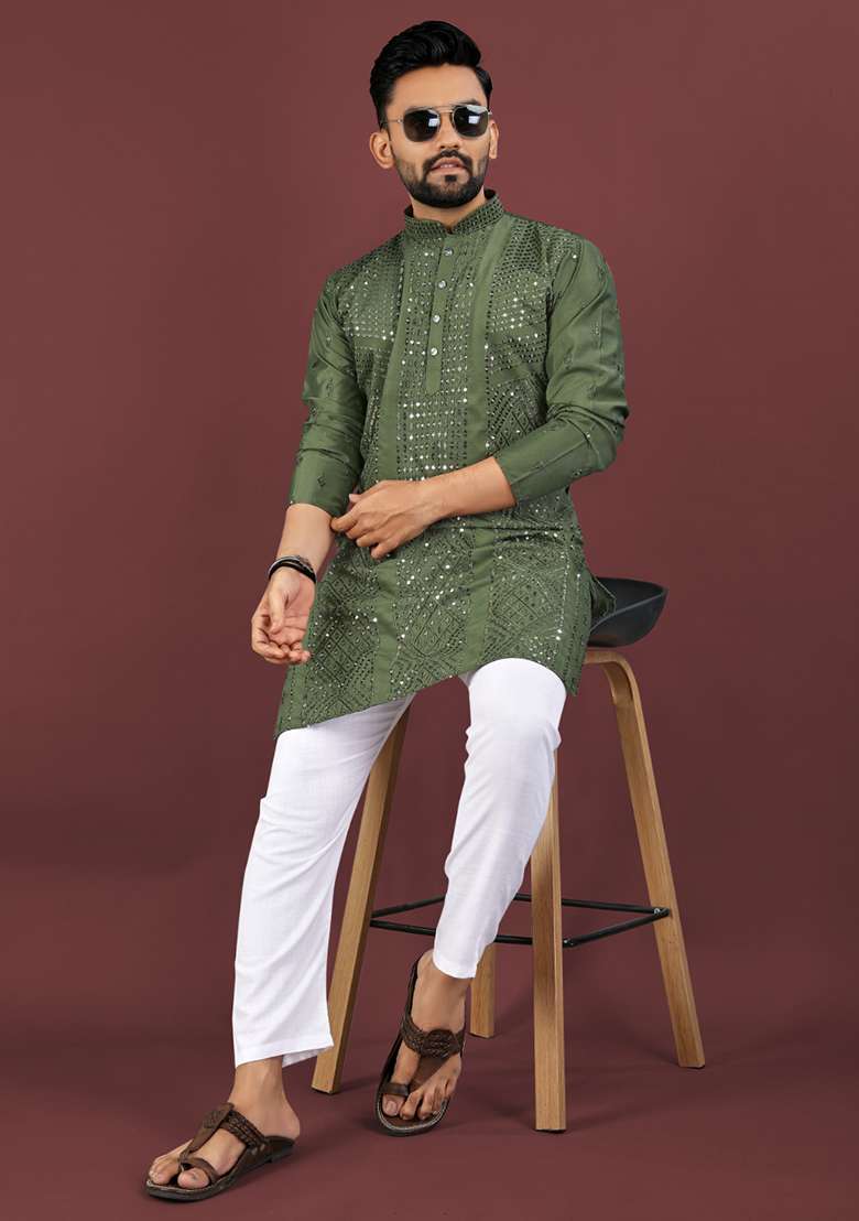 Green Embroidery Silk Men Kurta Set - Indya