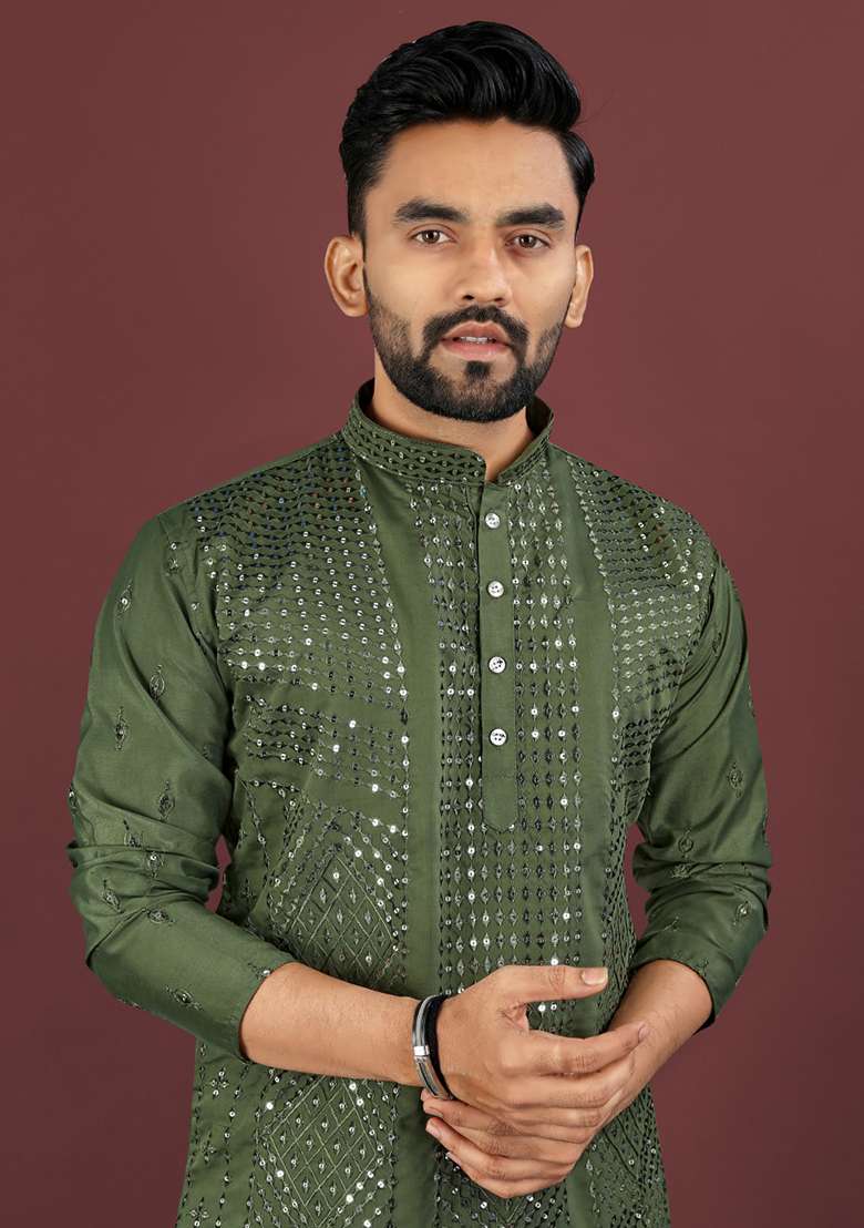Green Embroidery Silk Men Kurta Set - Indya