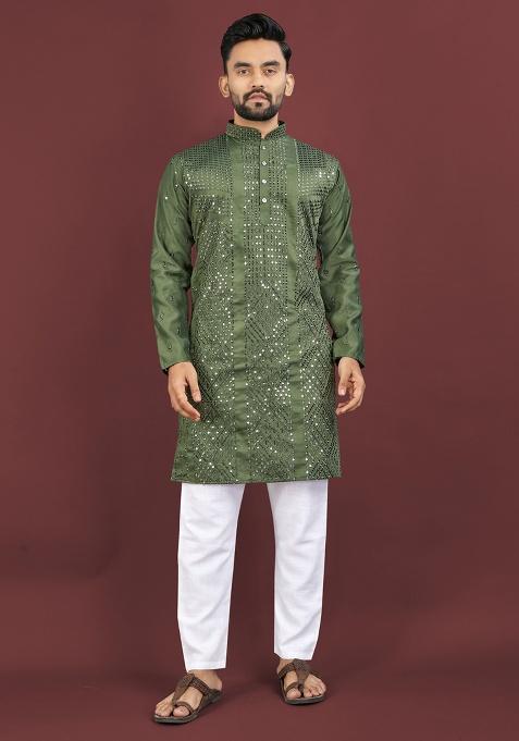 Green Embroidery Silk Men Kurta Set